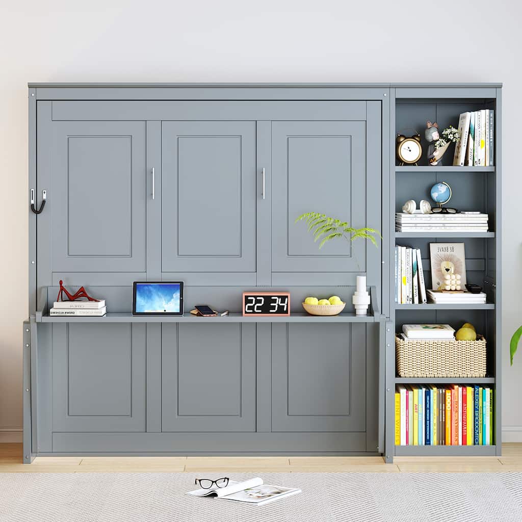 Roomfitters Queen Size Murphy Bed with Desk and Bookshelf, Multifunctional Wall Bed for Home Office
