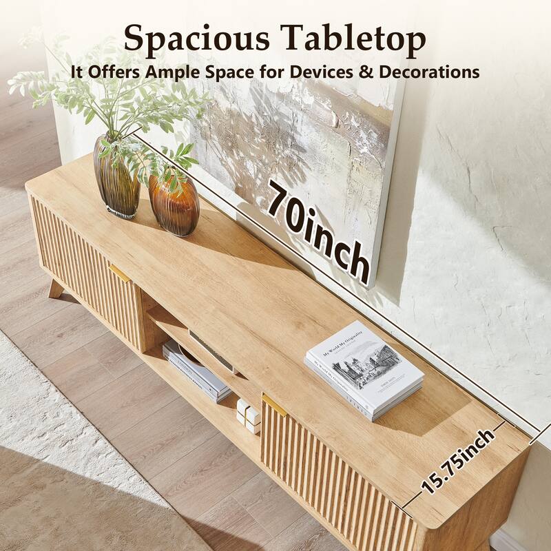 70" Modern Fluted TV Stand for Living Room, Wood Entertainment Center