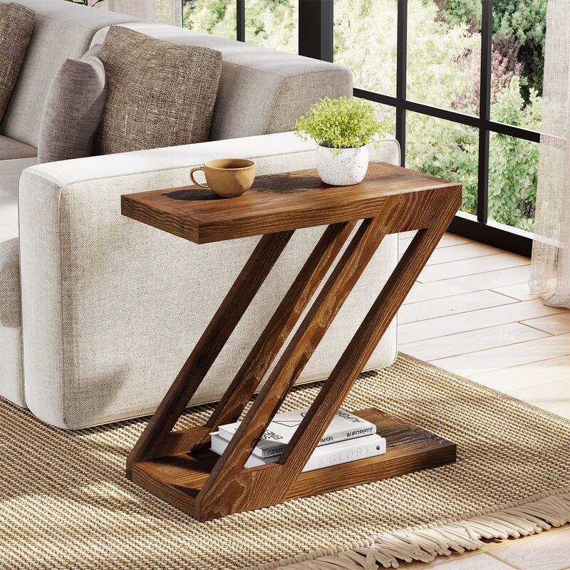 2-Tier Solid Wood Side Table, Accent Nightstand End Table for Living Room, Bedroom