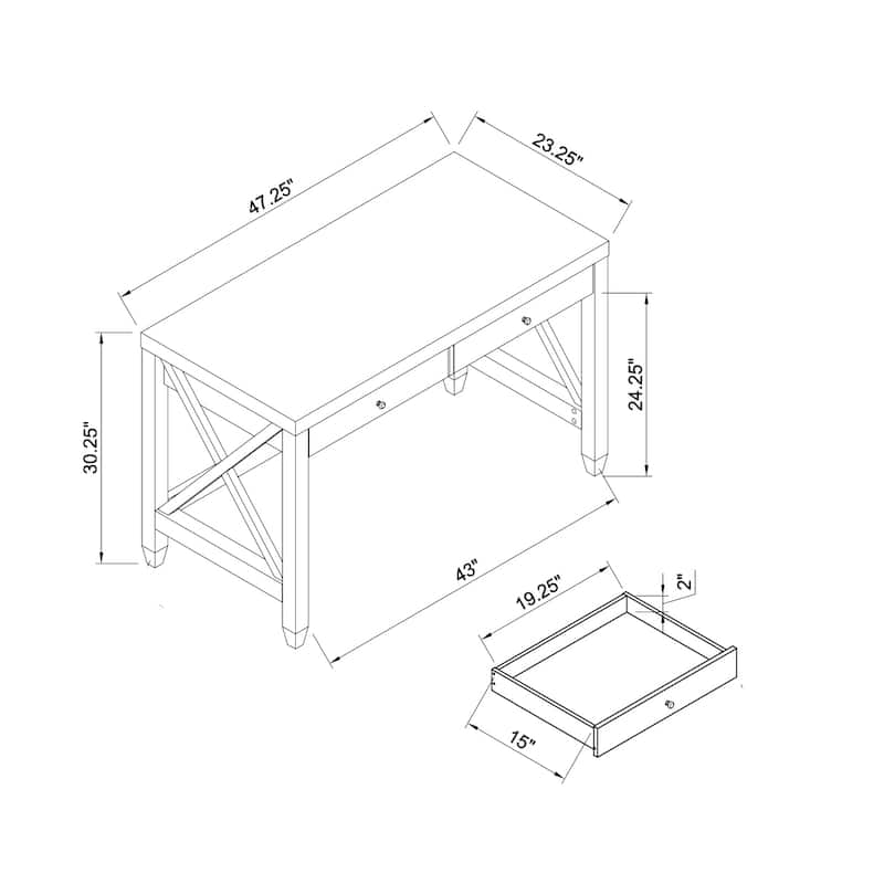 Home Office Desk Writing Table Two Drawers Wooden Knob Handles Finished On The Back X Brace Leg Frame