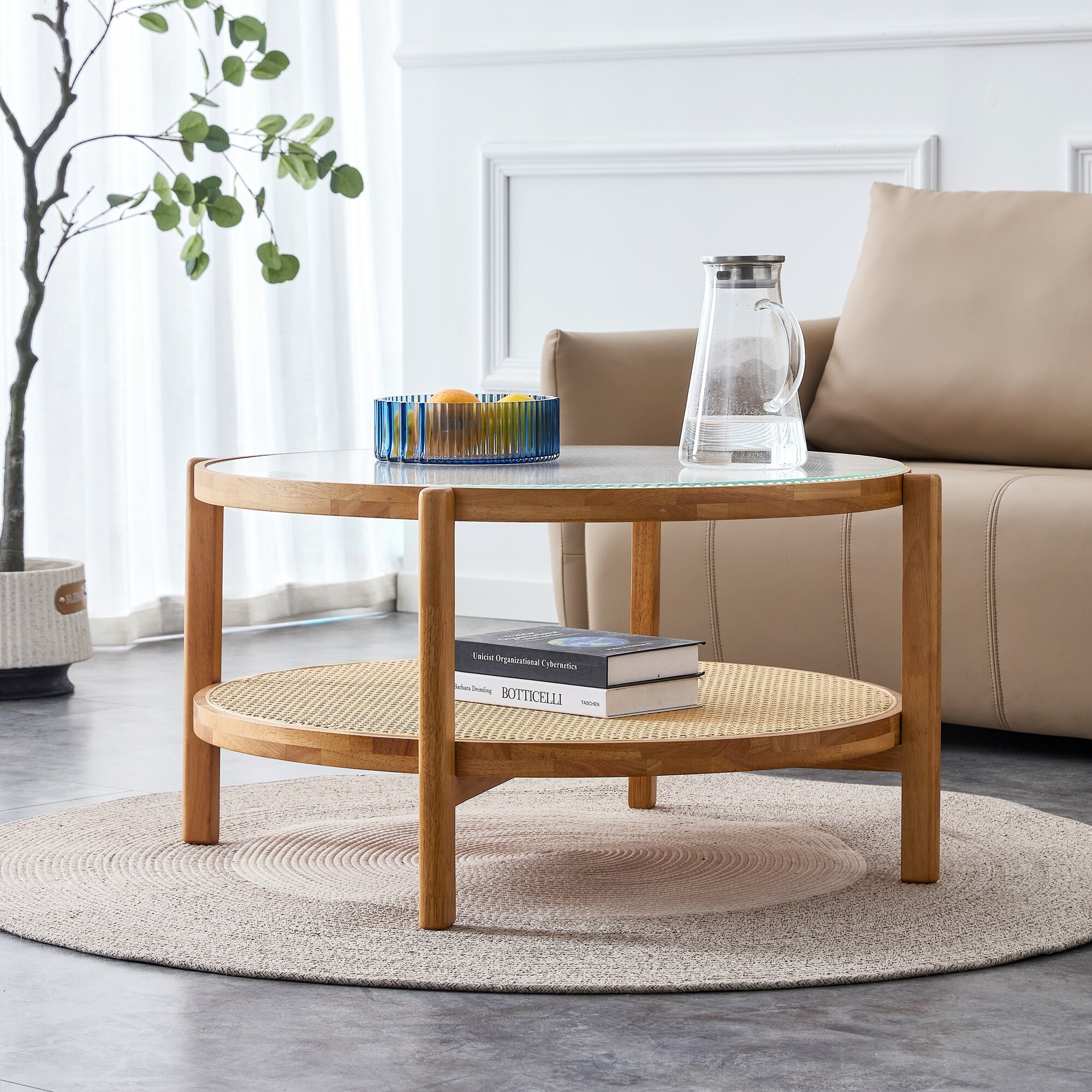 Modern simple solid wood tea table rattan woven side table small round table for living room dining room and bedroom
