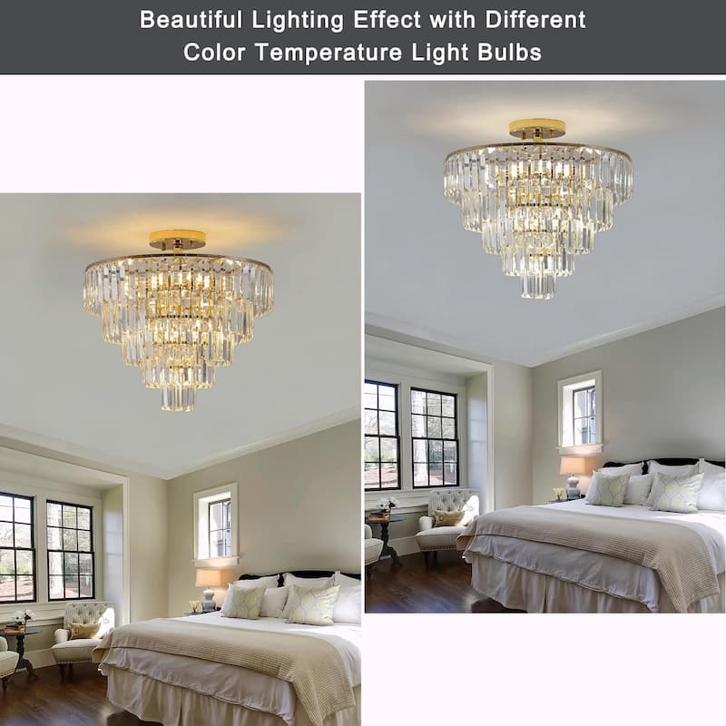 Gold Crystal Chandelier - 5-Tier Round Semi Flush Mount Light Fixture
