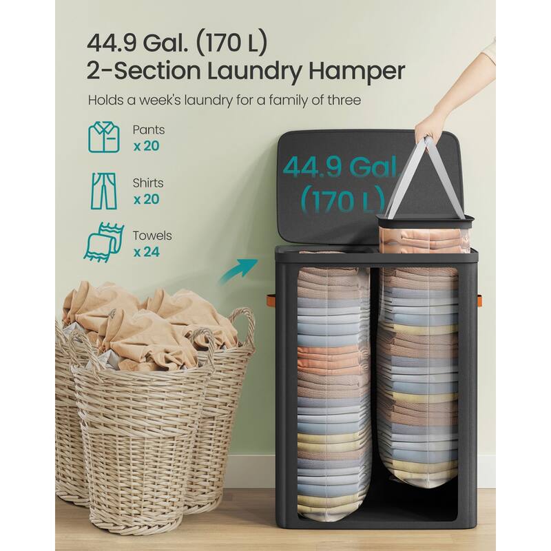 44.9 Gallon Dual-Compartment Laundry Hamper Ink Black, Water-Repellent Polyester - 22"L x 15.7"W x 29.5"H