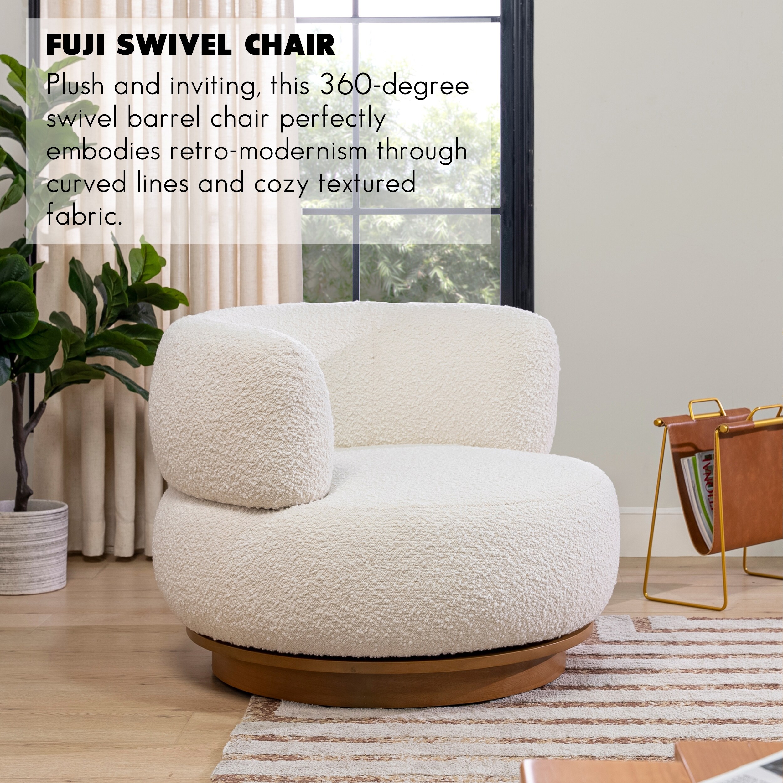 Fuji 360 Swivel Boucle Sherpa Low Barrel Back Accent Chair On