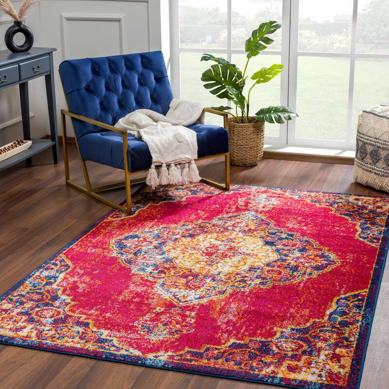 Hauteloom Istanbul Collection Vintage Oriental Traditional Medallion Area Rug - 9' x 12' - Red, Fuschia, Navy, Grey