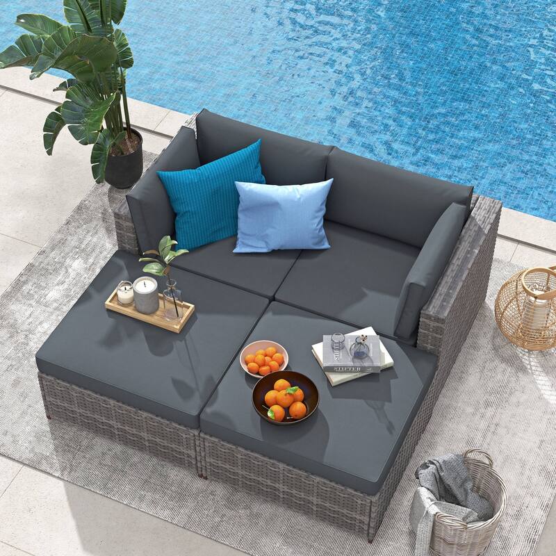 4-Piece Patio Sectional Sofa Wicker Furniture Set Outdoor daybed With Water resistant cushion - DarkGrey