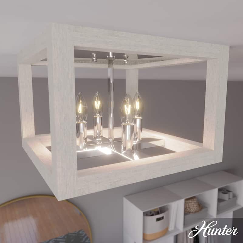 Hunter Squire Manor 4-Light Flush Mount - Modern Farmhouse, Transitional - Damp Rated! - Chrome - Distressed White