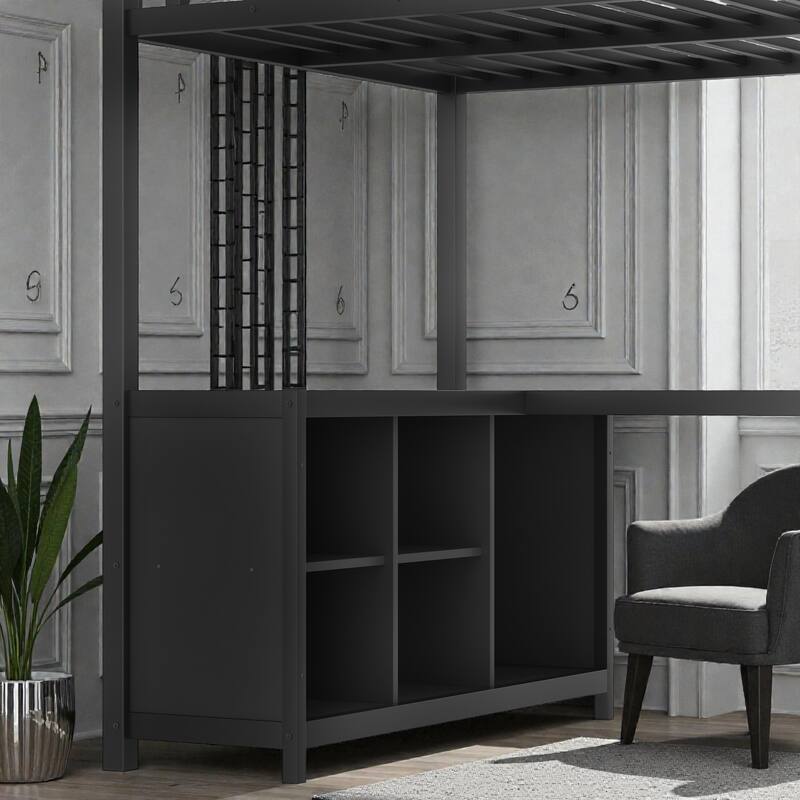Metal Loft Bed with Wardrobe and L-Shaped Desk, Storage Cubes and Shelves, Space Saving Loft Bed for Teens
