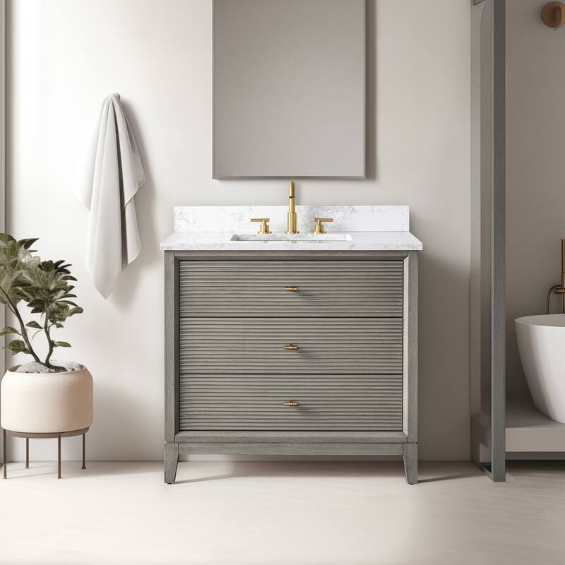 Vanity Art 36" Freestanding Bathroom Vanity with Engineered Marble Top and Sink - 36"/Golden Brushed - Driftwood Gray