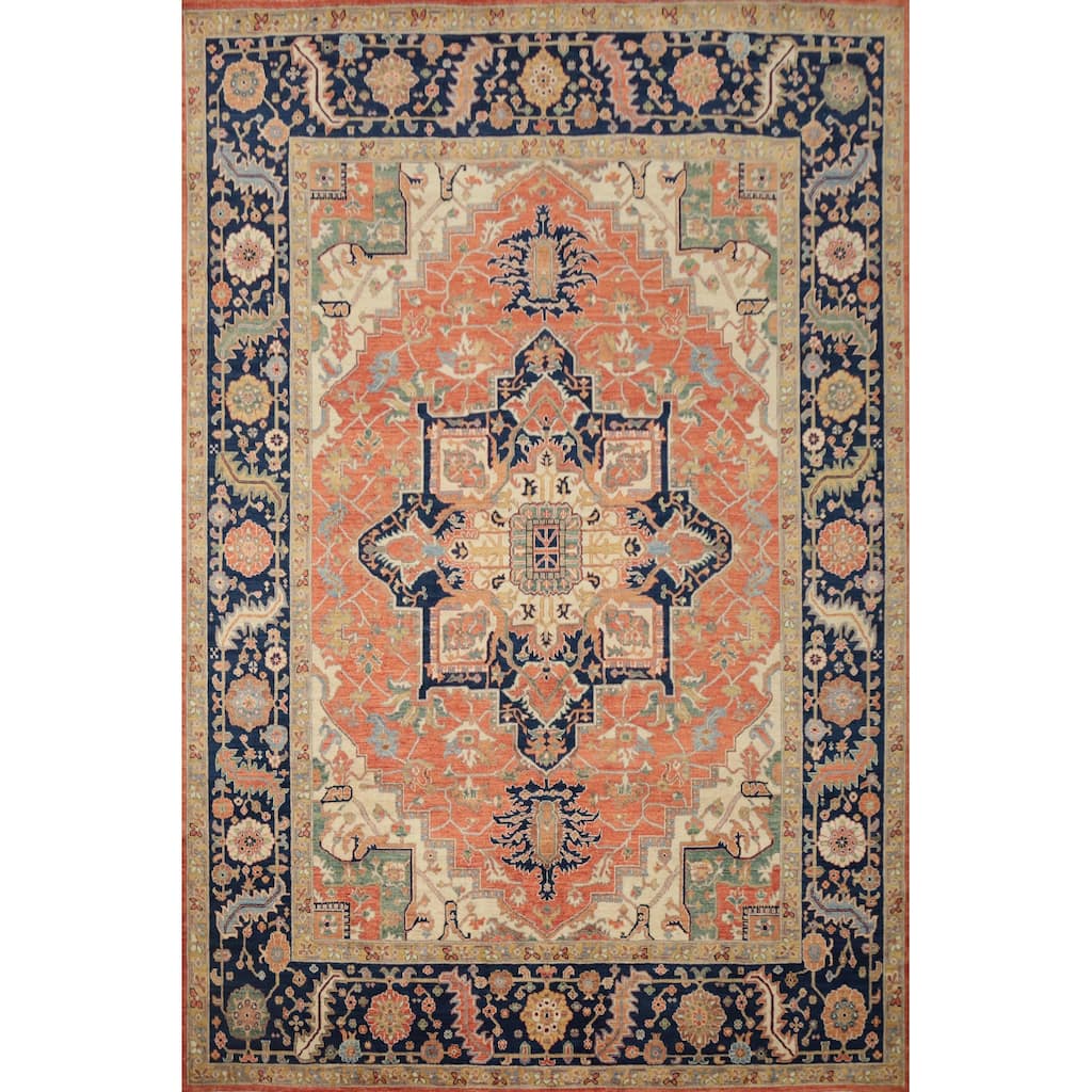 Hand Knotted Oriental 100% Wool Carpet Traditional Medallion Oranges & Rust Heriz (serapi) Area Rug - 10' 3'' X 8' 3''