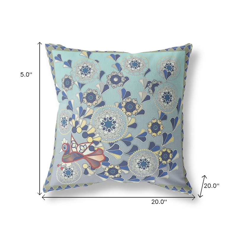 HomeRoots 20" x 20" Aqua Peacock Blown Seam Floral Indoor Outdoor Throw Pillow - 20.00' X '5.00' X '20.00