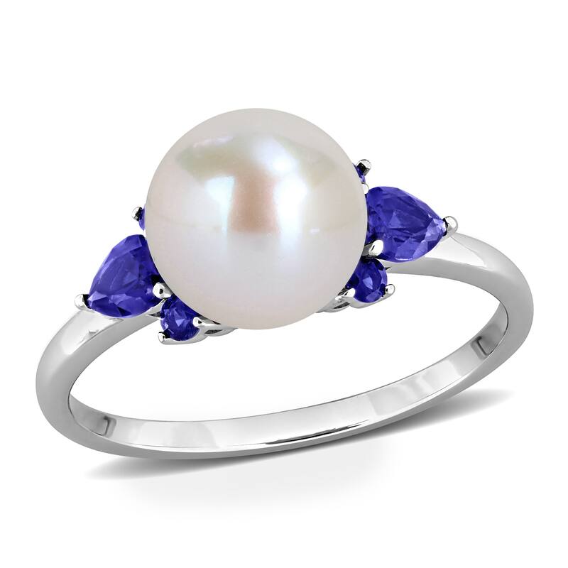 Miadora Cultured Freshwater Pearl and Gemstone Ring White or Yellow 14k Gold - Blue - 6