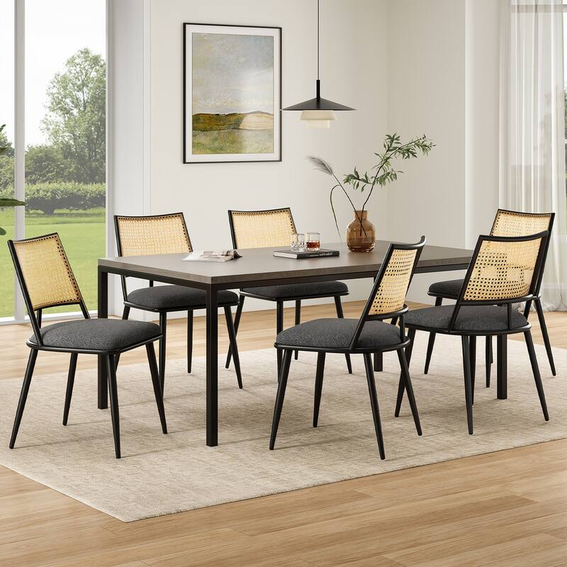 Dining Chairs Set of 2, Mid-Century Modern Kitchen Chairs with Rattan Backrest & Metal Frame, Boucle Upholstered Accent Chairs