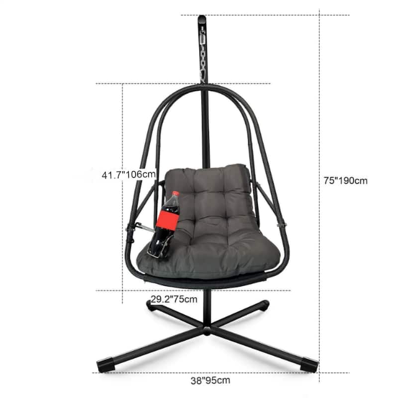 Foldable Swing Egg Chairs Rattan Hanging Basket Chair with Cushions and Cup Holder Patio Hammock Chairs Lounge Chair with Stand