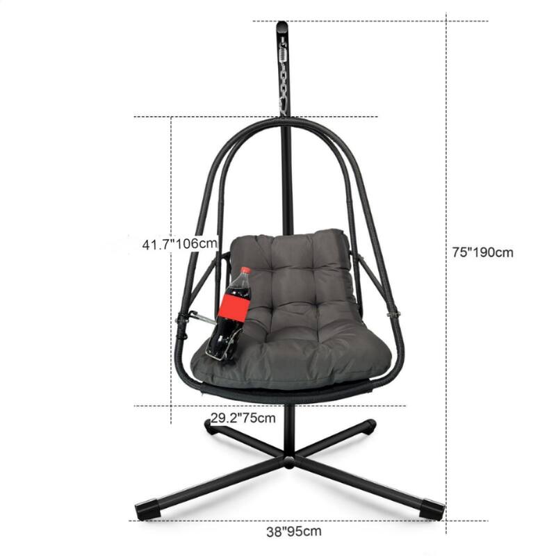 Swing Egg Chair with Stand and Cup Holder, Basket Hanging Chair with Cushion & Pillow Patio Wicker Hanging Chair