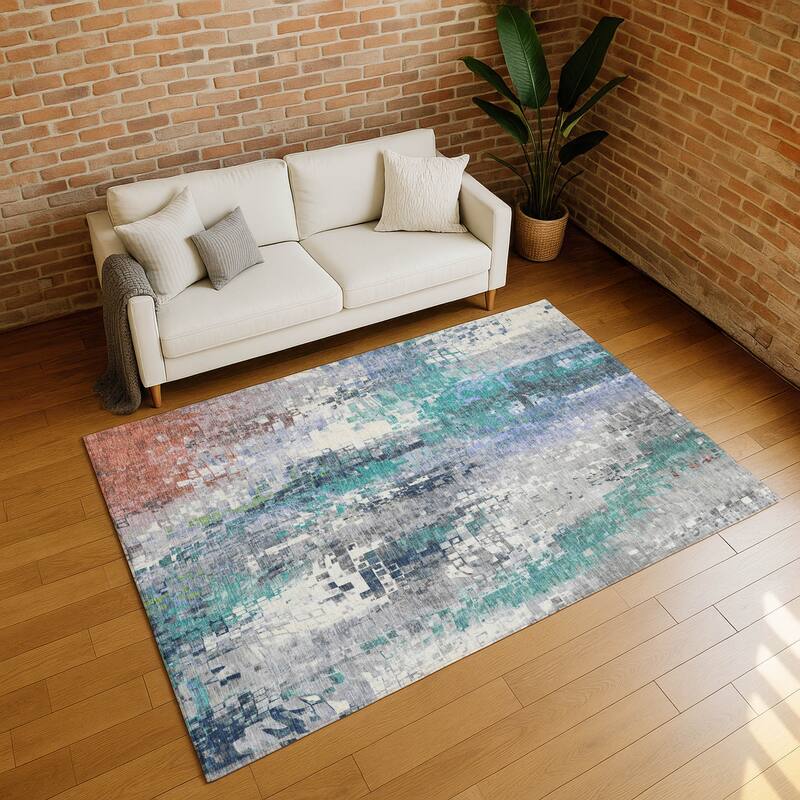 Machine Washable Indoor/ Outdoor Abstract Pixels Chantille Rug