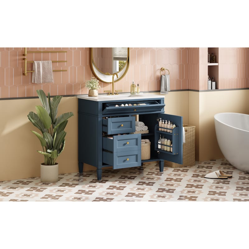 36"Bathroom Vanity with Top Sink, Bathroom Storage Cabinet with 2 Drawers and a Tip-out Drawer, Single Sink Bathroom Vanity