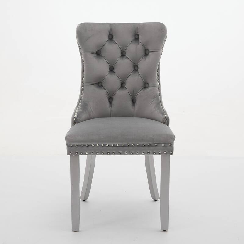 Velvet Upholstered Dining Chairs Set of 2, Kitchen Chairs with Nailhead Trim & Metal Pulling Ring, Accent Chair with Wood Legs - Light Gray