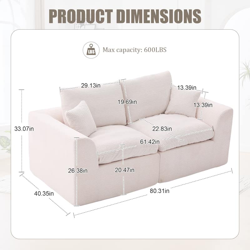 Ergonomic Corduroy Cloud Couch Modular Loveseat Sofa with Curved Armrests, High-Density Foam Support and Detachable Covers