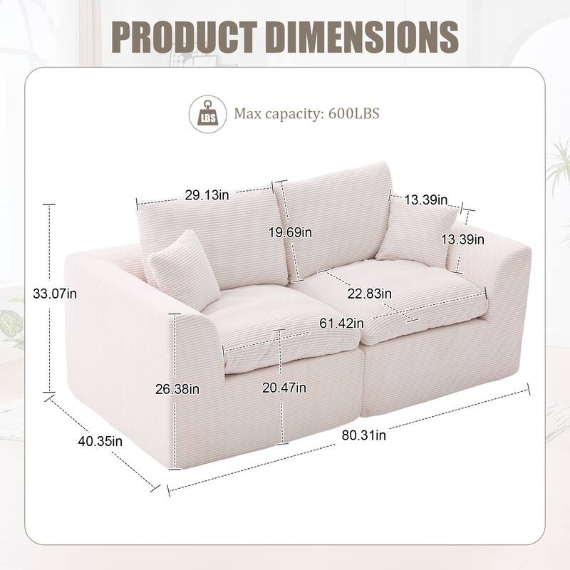 Modular Cloud Sectional Sofa, Comfy 2-Seater Corduroy Couch with Removable Covers