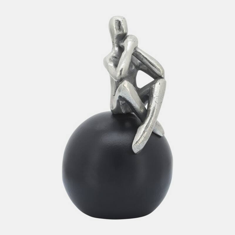 Thinking Man sitting on Orb Figurine - 9" - Silver and Black