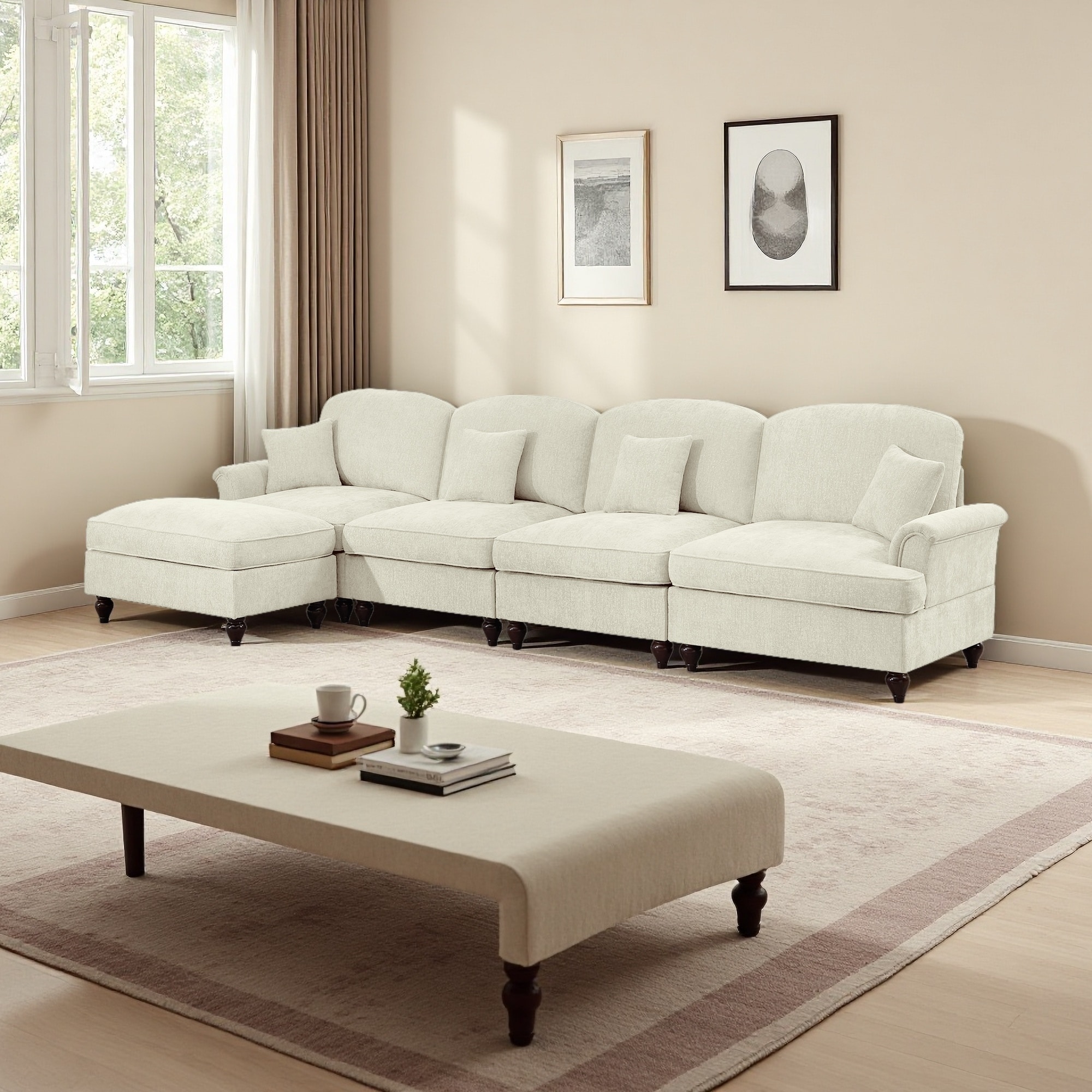 137.8" Chenille L-Shaped Modular Sectional Sofa with Flared Arms, Removable Skirt and Movable Ottoman (4-Seater)