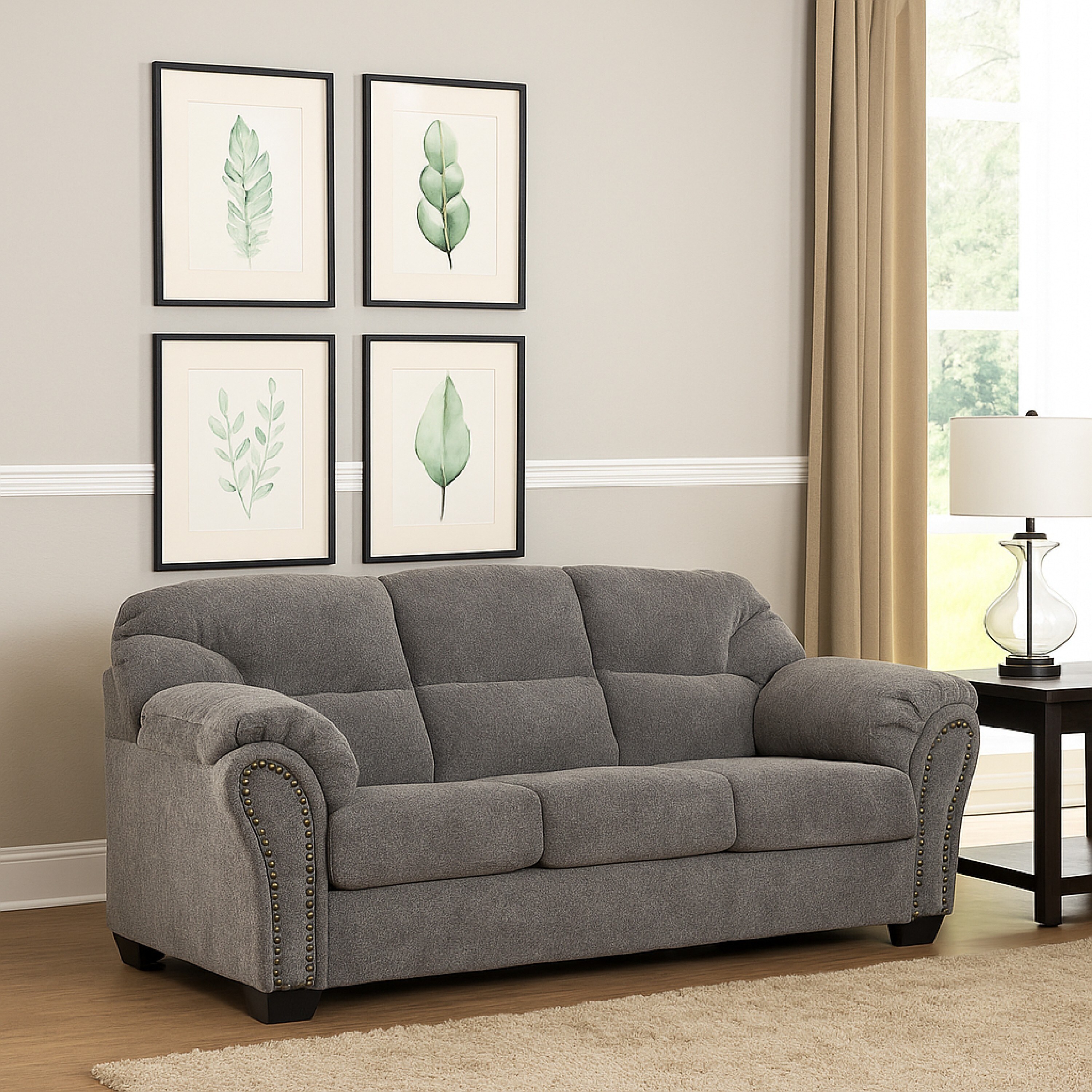 Lasy Sofa, Black Nailhead Trim and Dark Gray Polyester, Flared Lasy Sofa, Black Nailhead Trim and Dark Gray Polyester, Flared