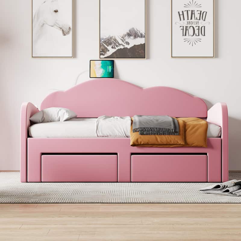 Twin Size Upholstered Daybed with 2 Storage Drawers and Trundle, Velvet Sofa Bed Frame with Cloud-Shaped Backrest and USB Ports