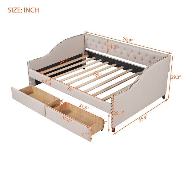 Full Size Tufted Upholstered Sofa Bed Rivets Arms Daybed with 2 Drawers ...