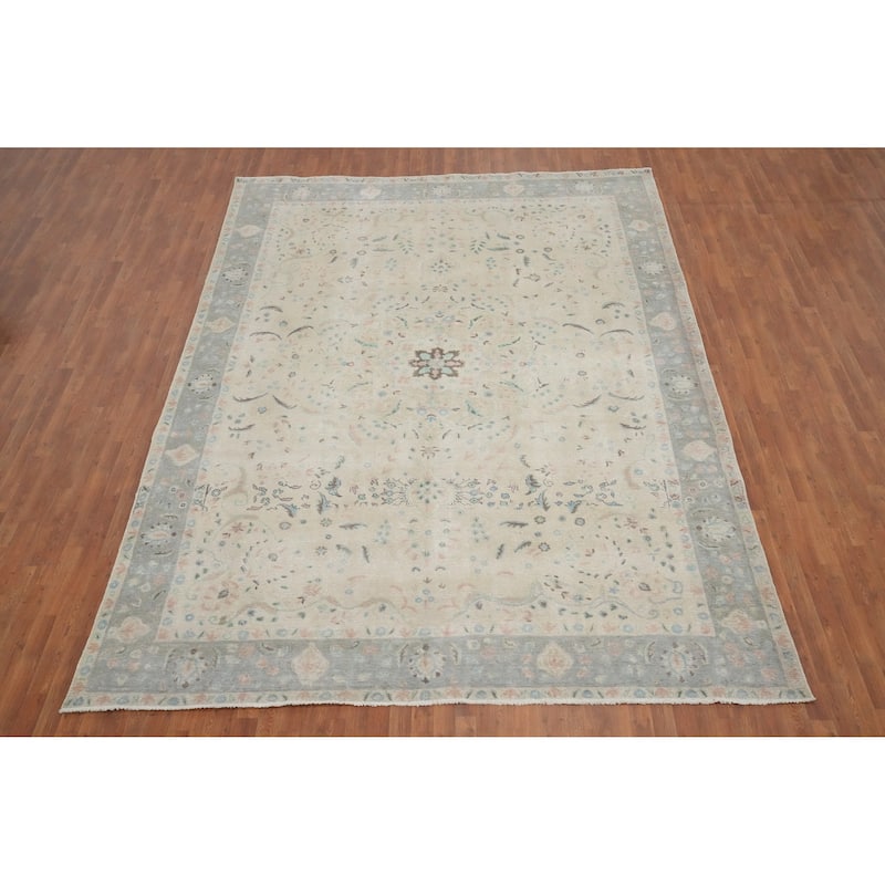 Hand Knotted Oriental 100% Wool Carpet Traditional Floral Beige & Ivories Tabriz Area Rug - 13' 0'' X 9' 6''