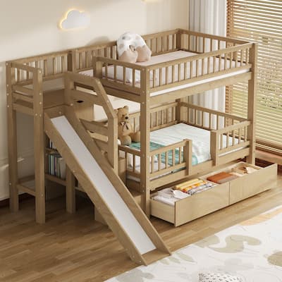 Twin Over Twin Bunk Bed with Storage Staircase, Slide and 2 Drawers