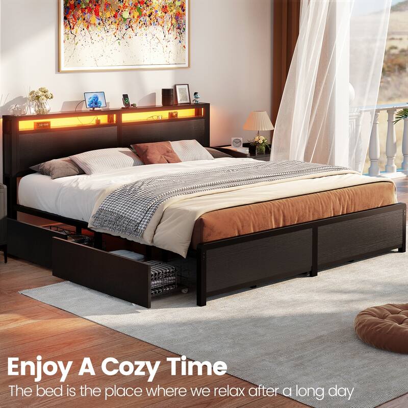 Platform Bed with Hiden Drawers, Bed Frame with Headboard and Charging Station