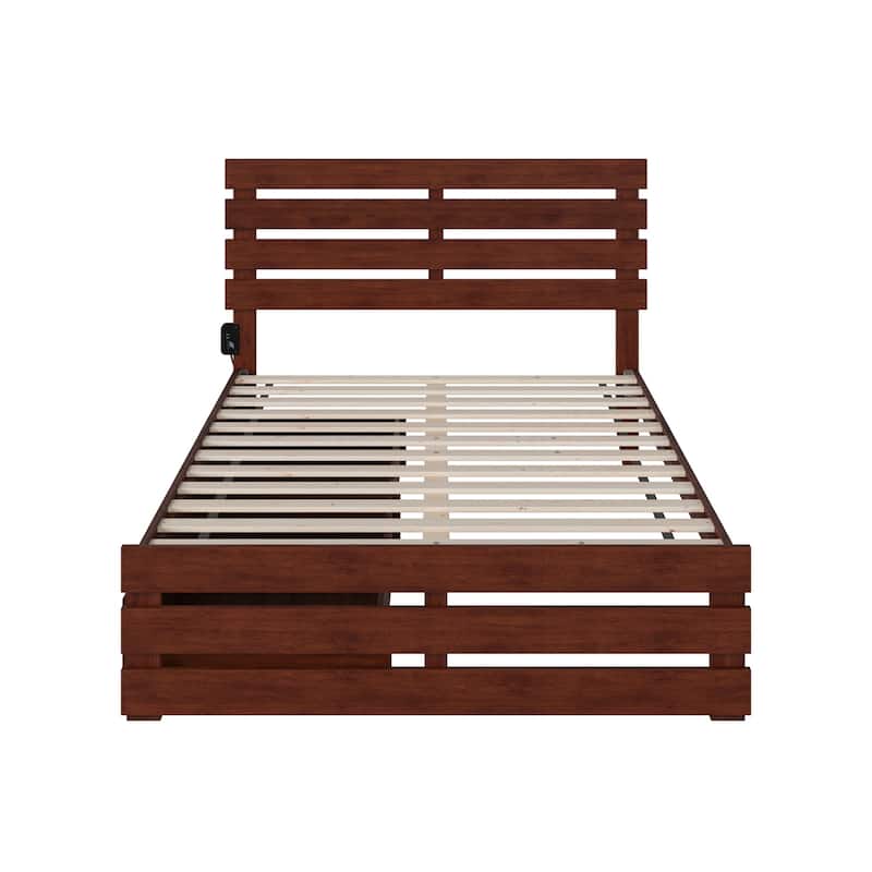 Rustic Romance Full Size Platform Bed with USB Charger & Drawers - Walnut Finish