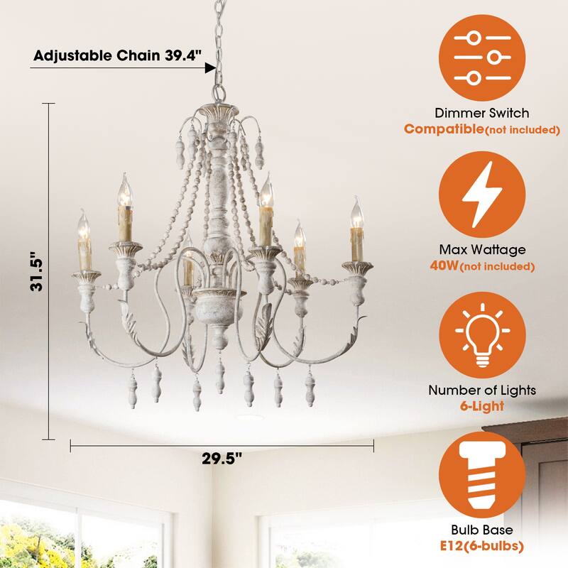 6-Light Farmhouse Antique White 6-Light Distressed Wood Empire Chandelier - 29.5-in W