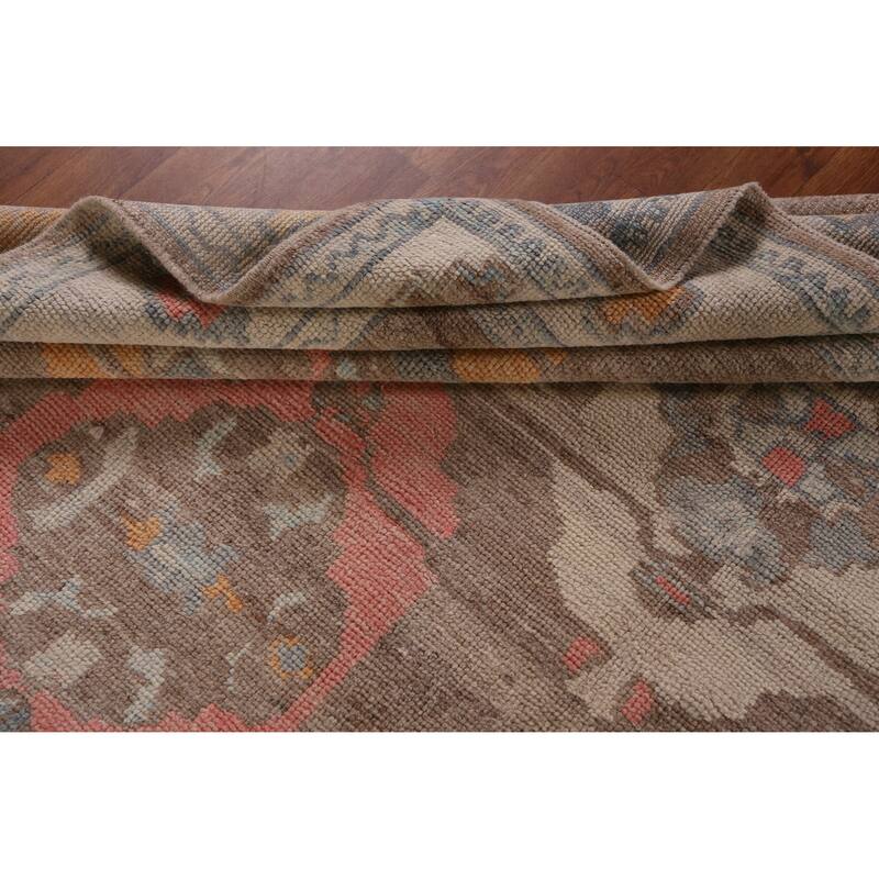 Hand Knotted Oriental 100% Wool Carpet Transitional Geometric Brown Oushak Area Rug - 12' 6'' X 8' 11''