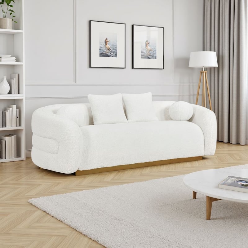 Novy Sofa, 4 Accent Pillows, White Sherpa, Gold, 93 Inch