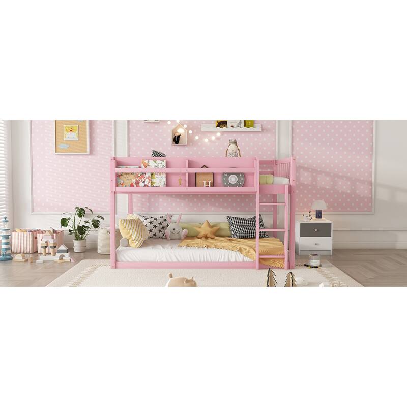 Roomfitters Twin Over Twin Bunk Bed, Low Floor Loft Platform Bed and Shelf with Wooden Frame for Bedroom