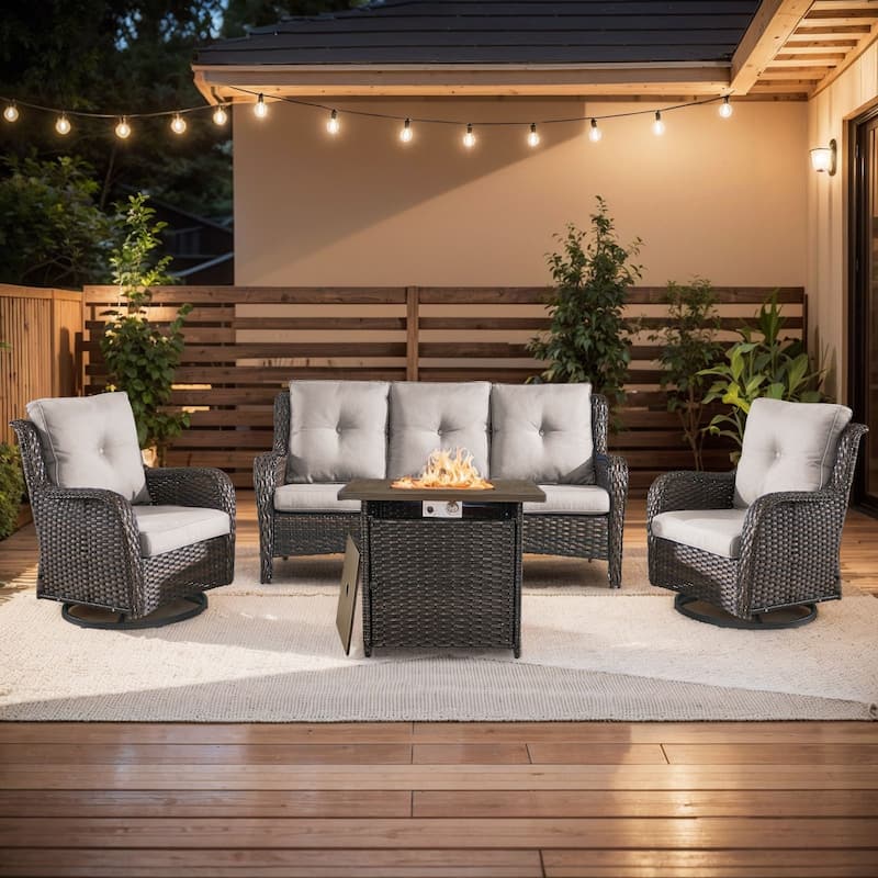 Pocassy 4 Pieces Fire Pit Table with 3-Seat Sofa Swivel Chairs - Brown Wicker Beige Cushion - 4 Pieces Sofa Chairs with Fire Table