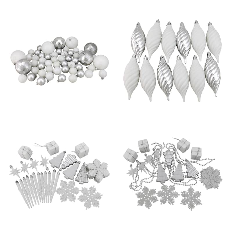 125ct Winter White Silver Shatterproof 4-Finish Ornaments 5.5"