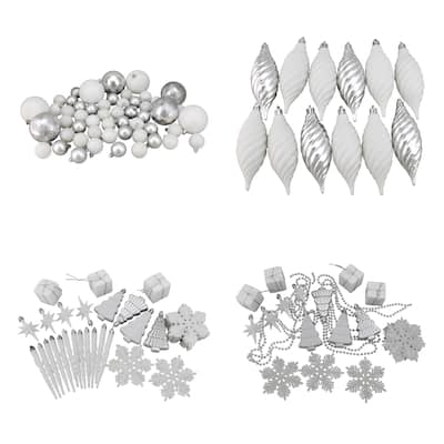 125ct Winter White Silver Shatterproof 4-Finish Ornaments 5.5"