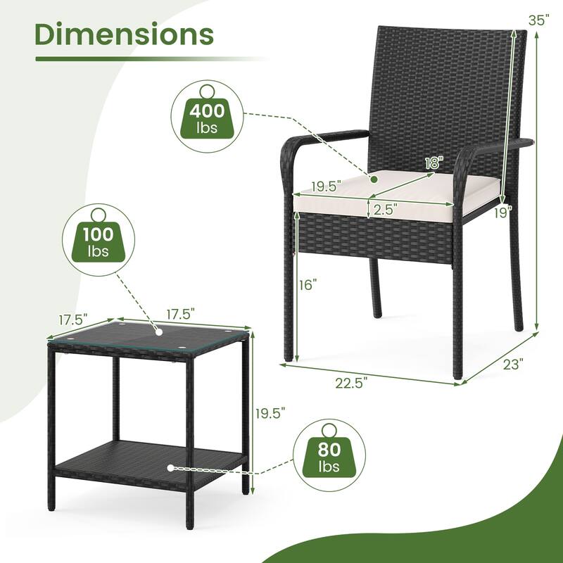 3 Piece Black PE Rattan Patio Set with Metal Frame, Cushions and Glass Table - Chair: 23" x 22.5" x 35"