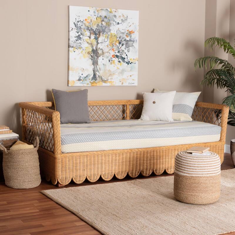 Teresa Natural Rattan Daybed - Handwoven Sofa Bed Frame with Scalloped Edge and Open Lattice Back, Coastal Boho Style, Twin
