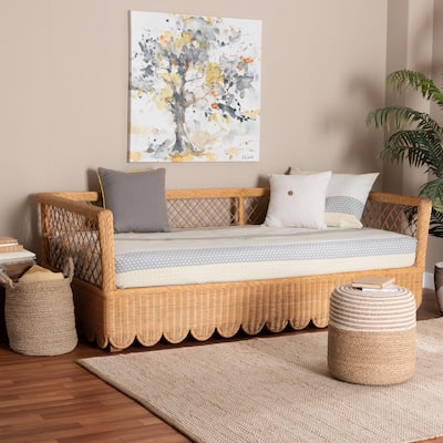 Teresa Natural Rattan Daybed - Handwoven Sofa Bed Frame with Scalloped Edge and Open Lattice Back, Coastal Boho Style, Twin