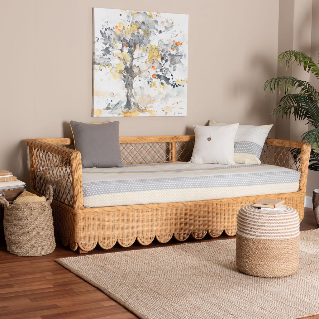 Teresa Natural Rattan Daybed - Handwoven Sofa Bed Frame with Scalloped Edge and Open Lattice Back, Coastal Boho Style, Twin