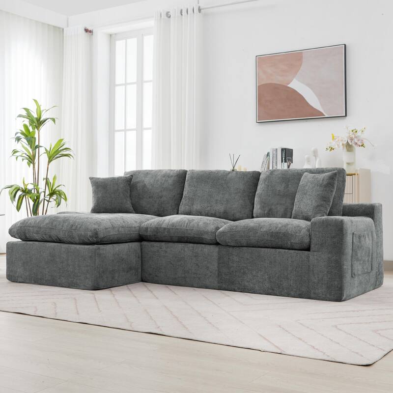 L-Shape Cloud Sectional Sofa with Chaise, Chenille Modular Boneless Upholstered Couche, Full-Compressed Sofa with Side Pockets