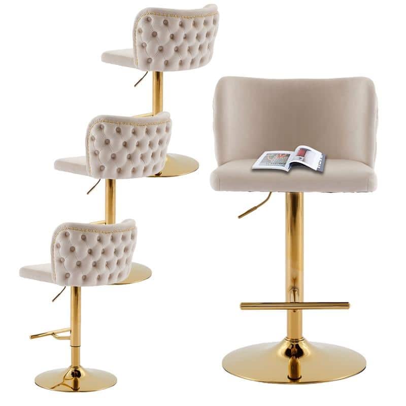 Upholstered Swivel Counter Bar Stools Set of 4 - Beige Gold Velvet