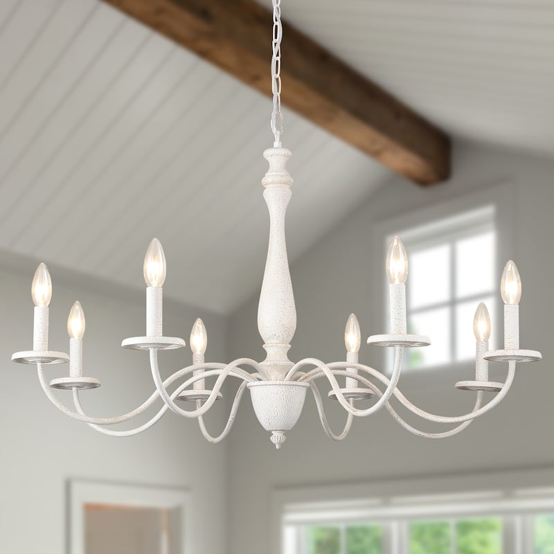 Modern Farmhouse Chandelier, 8-Light Candle Chandelier for Living Room Kitchen Island Dining Foyer - W37.4"x H20.47" - Distressed White