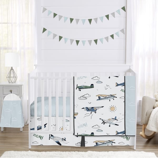 slide 2 of 6, Sweet Jojo Designs Vintage Airplane Boy 4pc Nursery Crib Bedding Set Green Blue Yellow Airplanes Plane Transportation Clouds Sun