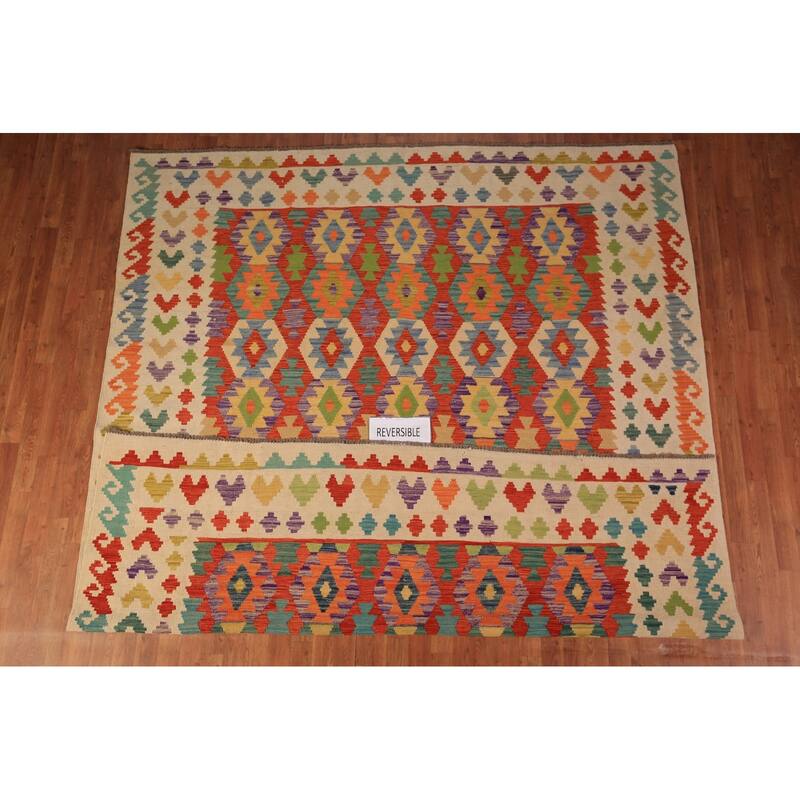 Reversible Kilim Area Rug Hand-Woven Oriental Orange Wool Carpet - 8'4" x 9'9"