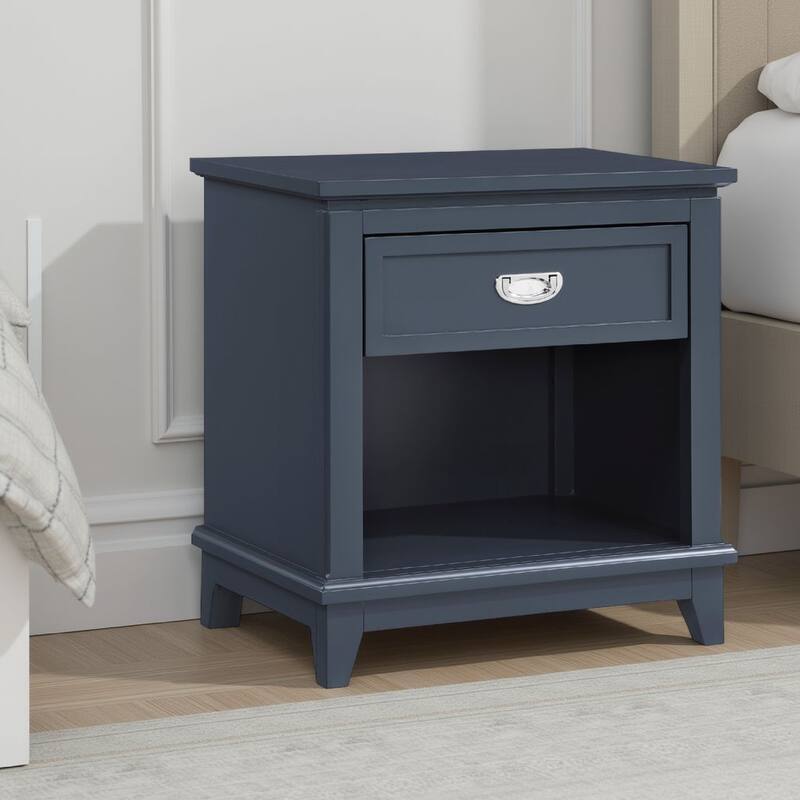 Sely Nightstand, 1 Drawer w Open Cubby, Navy Blue Wood, Ring Handle